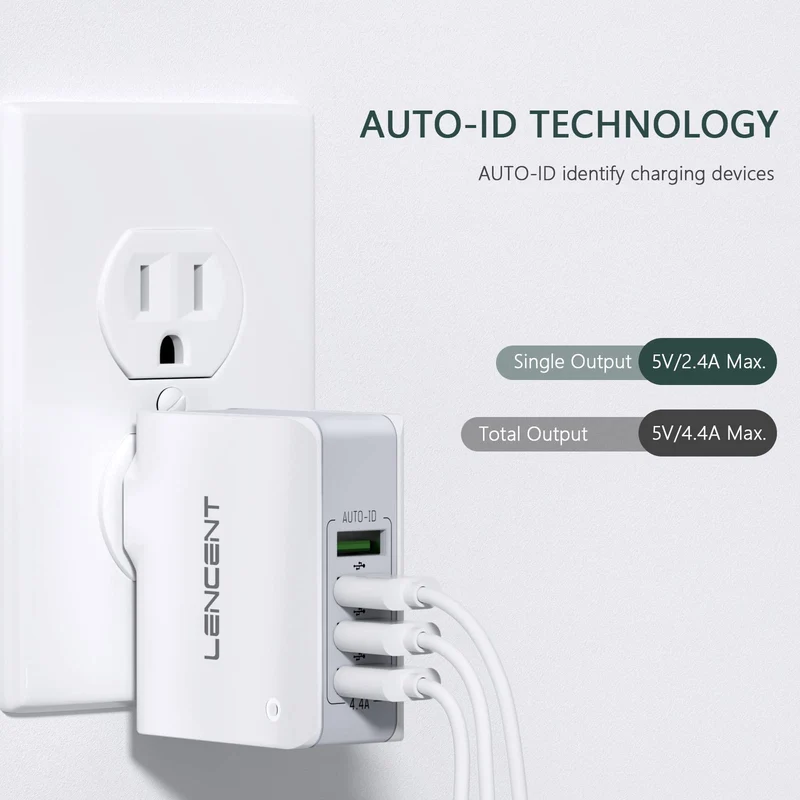 LENCENT Chargeur USB Multiple, 4 Ports USB Secteur Internationale, 5V/4.4A Adaptateur Prise Anglaise/Europe/Americaine/Australie avec Technologie Smart IC pour Téléphones Portables Tablettes PC