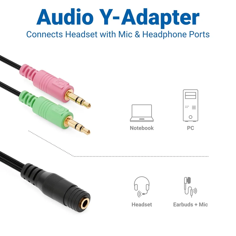 deleyCON Casque PC Ordinateur Portable Adaptateur en Y pour Jack Audio Câble Stéréo - 1x Prise Jack de 3,5 mm CTIA 4 Broches TRRS vers 2X Prise Jack de 3,5 mm