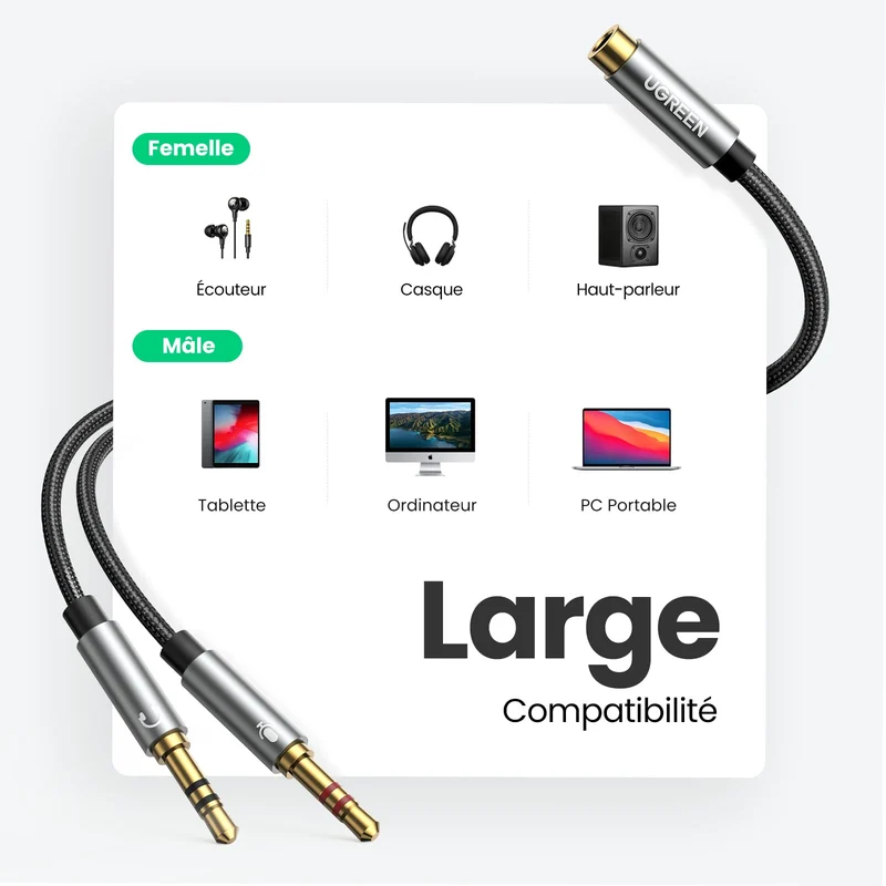 UGREEN Adaptateur Jack Audio Stéréo 3.5mm Adaptateur Micro Casque Femelle vers 2 Mâle Câble Splitter Y Jack Audio Compatible avec Ordinateur PC Haut Parleur Enceinte 20cm