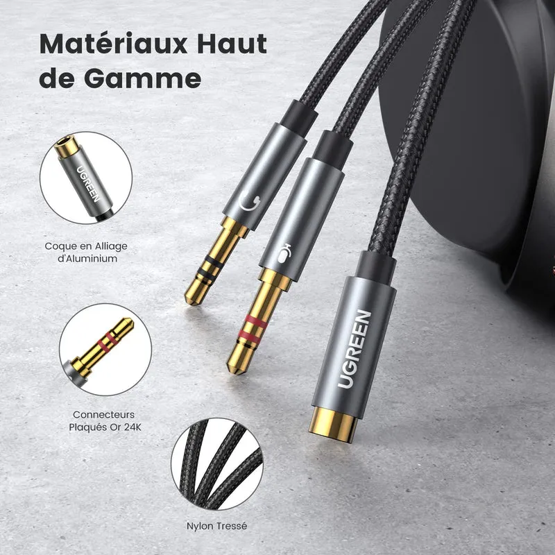 UGREEN Adaptateur Jack Audio Stéréo 3.5mm Adaptateur Micro Casque Femelle vers 2 Mâle Câble Splitter Y Jack Audio Compatible avec Ordinateur PC Haut Parleur Enceinte 20cm