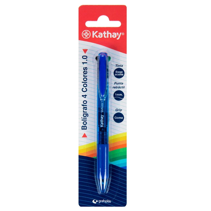 Kathay 86210030 Stylo à bille 4 couleurs en 1, rouge, bleu, noir et vert, encre à l'huile, pointe 1 mm.
