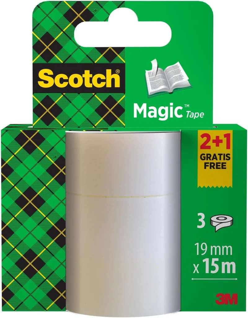 Scotch Ruban Magic - 2 Rouleaux 19 mm x 15 m + 1 GRATUIT - Ruban Adhésif à Usage Général pour la Réparation, l'Etiquetage et la Fermeture de Documents