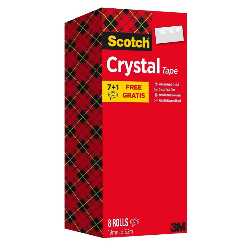 Scotch Crystal Ruban Adhésif Transparent , Multi-Pack, 8 Rouleaux, 19mm x 33 m - Ruban Adhésif Transparent à Usage Général pour l'Ecole, la Maison et le Bureau