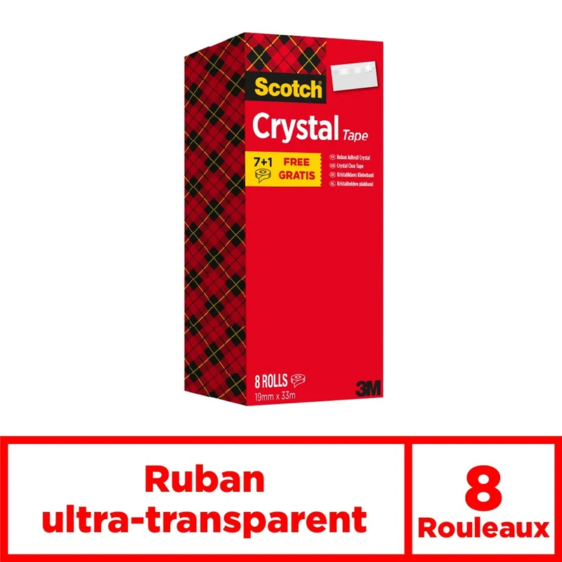 Scotch Crystal Ruban Adhésif Transparent , Multi-Pack, 8 Rouleaux, 19mm x 33 m - Ruban Adhésif Transparent à Usage Général pour l'Ecole, la Maison et le Bureau