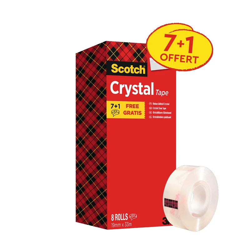 Scotch Crystal Ruban Adhésif Transparent , Multi-Pack, 8 Rouleaux, 19mm x 33 m - Ruban Adhésif Transparent à Usage Général pour l'Ecole, la Maison et le Bureau