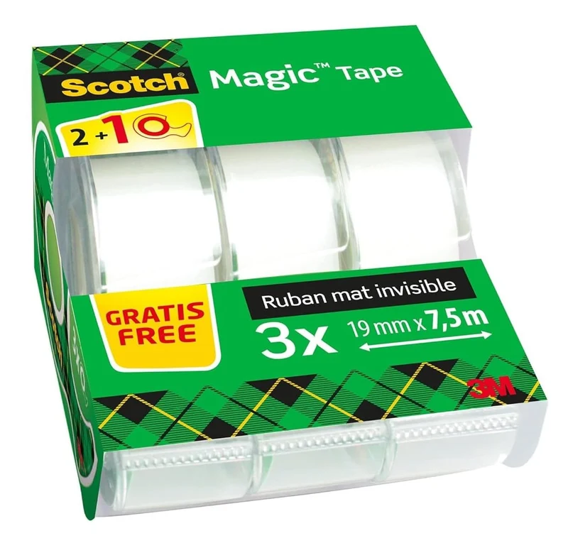 Scotch Magic Tape, Rouleaux de Ruban Adhésif Transparent avec Dévidoir, Lot de 3, Ruban de 19mm x 7.5m - Idéal pour le Bureau et l'École