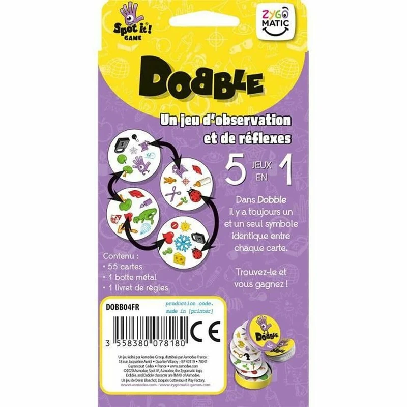 Zygomatic - Dobble Classique - Jeu de Cartes pour Enfants dès 6 ans - Jeu de Société a Jouer en Famille - Jeu de Rapidité 2 à 8 joueurs - Boite Métal pour Voyage - 15 min - en Français