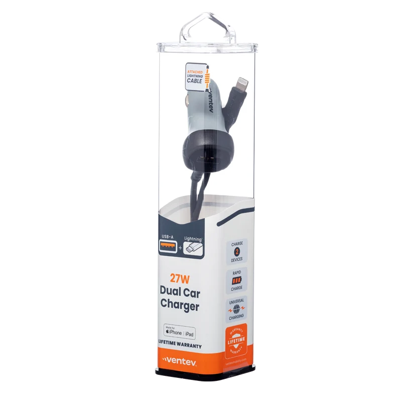 27W ULTRAFAST Dual Car Charger with Apple Lightning Travel Cable