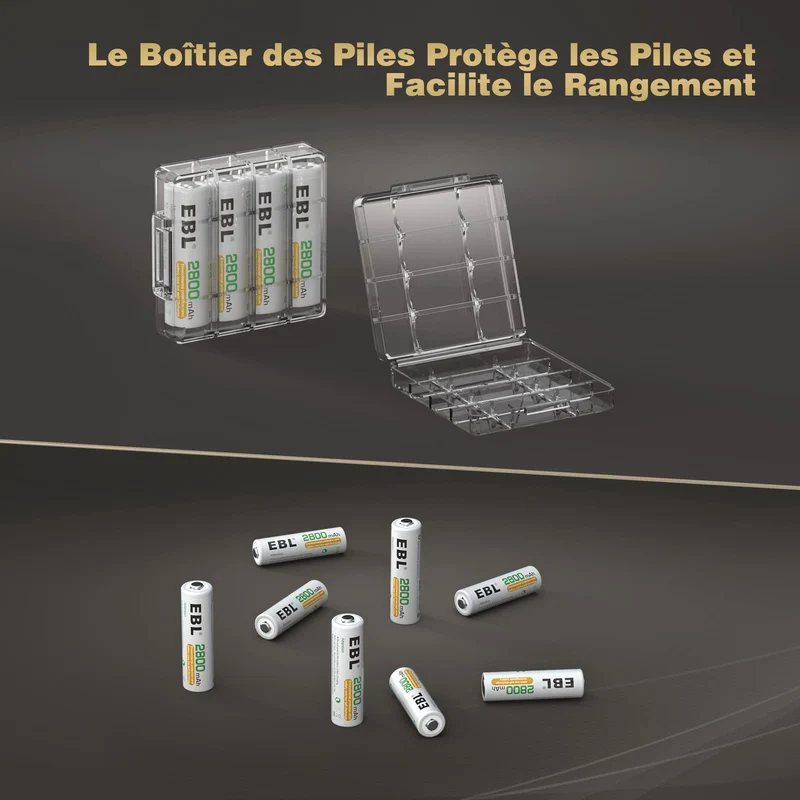 EBL 8PCS AA Piles Rechargeables Ni-MH 2800mAh Plus Haute Capacité, Piles R6 Rechargeables avec boîtes de Piles
