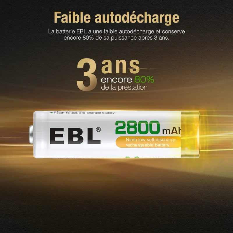 EBL 8PCS AA Piles Rechargeables Ni-MH 2800mAh Plus Haute Capacité, Piles R6 Rechargeables avec boîtes de Piles