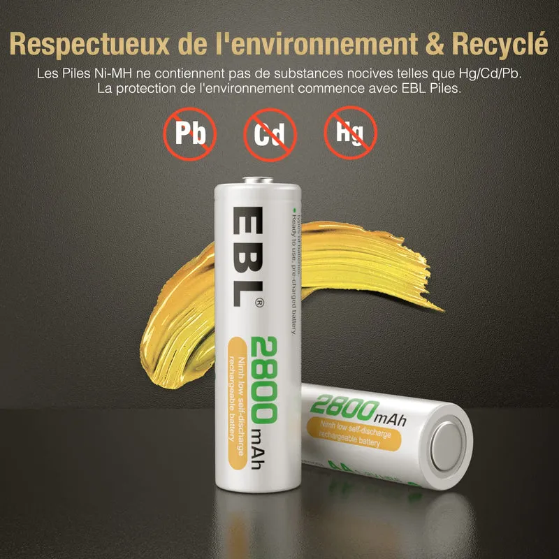 EBL 8PCS AA Piles Rechargeables Ni-MH 2800mAh Plus Haute Capacité, Piles R6 Rechargeables avec boîtes de Piles