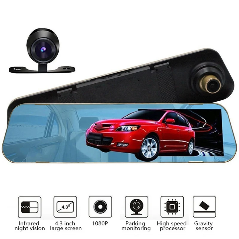 Rétroviseur avec caméra de voiture avec écran LCD de 4,3 pouces et enregistreur