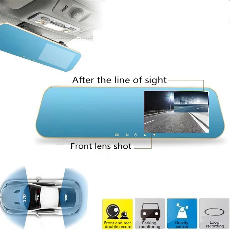 Rétroviseur avec caméra de voiture avec écran LCD de 4,3 pouces et enregistreur