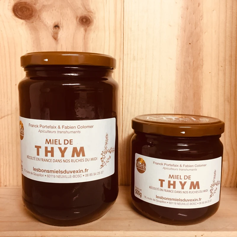 A Découvrir Les Bons Miels du Vexin et du Midi Miel de Thym Liquide Foncé Très Parfumé Pot 500 g Pot 1 Kg Seau 5 Kg