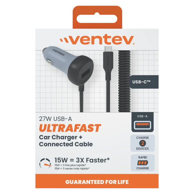 27W ULTRAFAST Dual Car Charger with USB-C Travel Cable