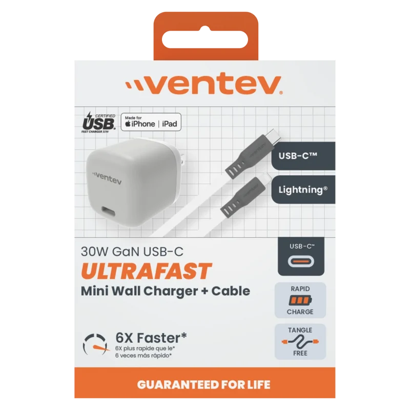 30W ULTRAFAST USB-C Mini GaN Wall Charger and USB-C to Apple Lightning Cable