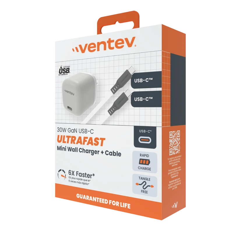 30W ULTRAFAST USB-C Mini GaN Wall Charger and USB-C to USB-C Cable