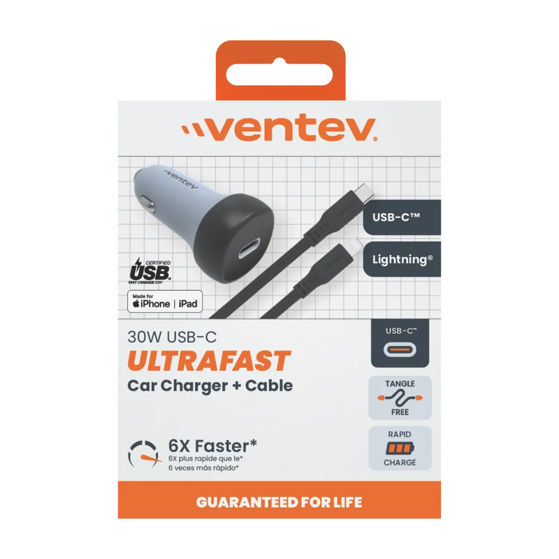 30W ULTRAFAST USB-C Universal Car Charger and USB-C to Apple Lightning Cable