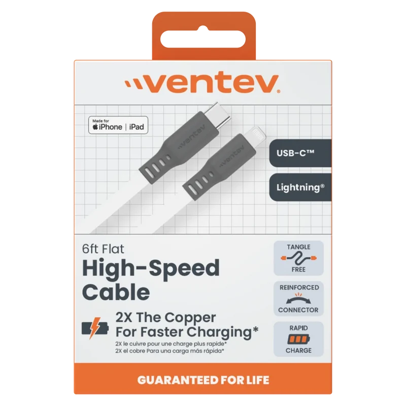 Flat USB C to Apple Lightning High Speed Tangle-Free 6 Foot Cable