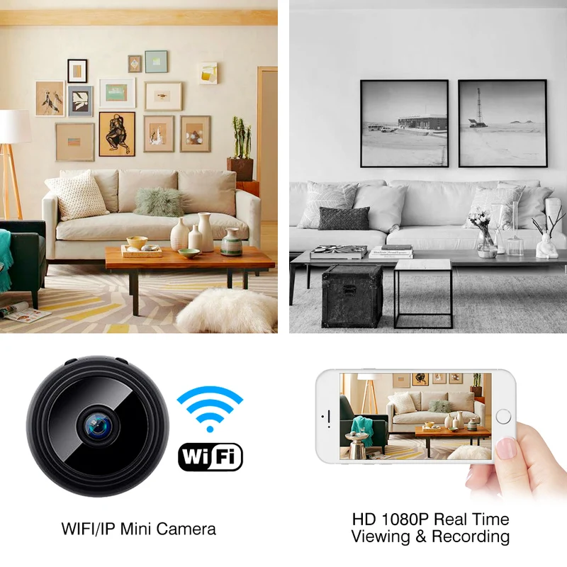 Mini caméra de surveillance, WiFi, surveillance en direct, enregistrement de jour et de nuit