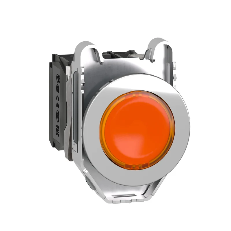 Illuminated Push Button, Harmony XB4, Metal, Orange Flush Mounted, 30mm, Universal LED, Plain Lens, 1NO + 1NC, 230V AC
