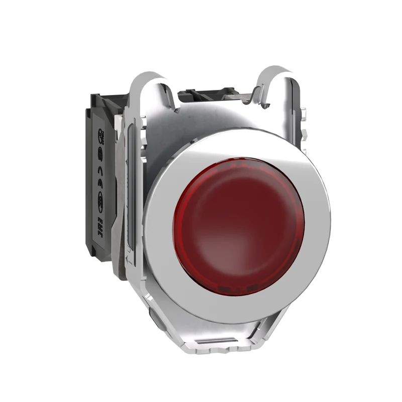 Illuminated Push Button, Harmony XB4, Metal, Red Flush Mounted, 30mm, Universal LED, Plain Lens, 1NO + 1NC, 120V AC