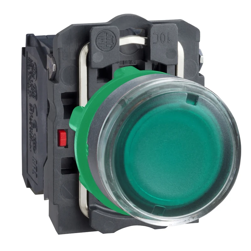 Illuminated Push Button, Harmony XB5, Plastic, Flush, Green, 22mm, Plain Lens For BA9s Bulb, Spring Return, 220 To 240V AC, 1 NO + 1 NC