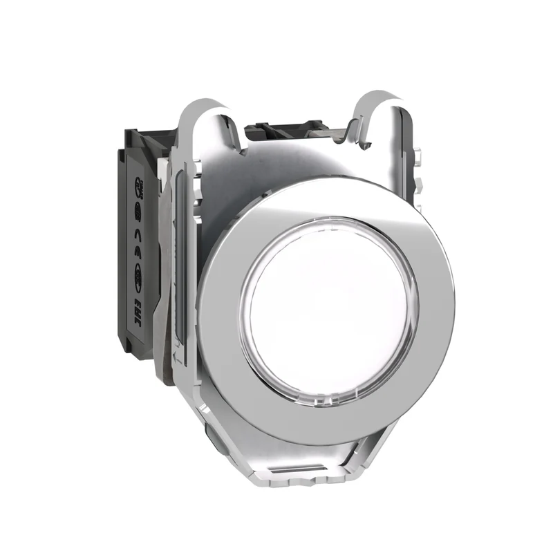 Illuminated Push Button, Harmony XB4, Metal, White Flush Mounted, 30mm, Universal LED, Plain Lens, 1NO + 1NC, 24V AC DC