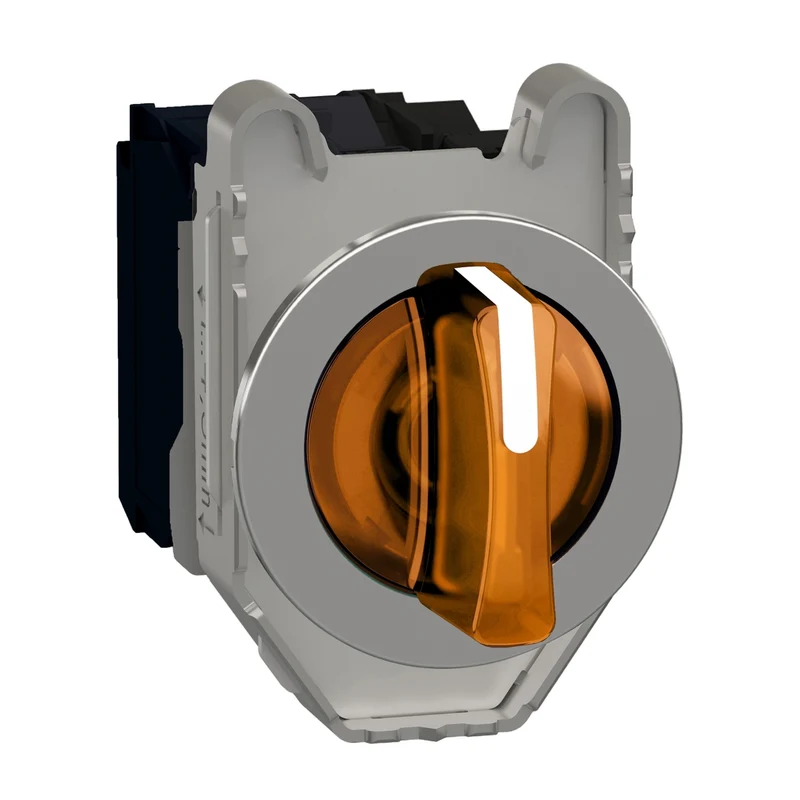 Illuminated Selector Switch, Harmony XB4, Metal, Orange Handle, 30mm, Universal LED, 3 Positions, 1NO + 1NC, 230...240V AC