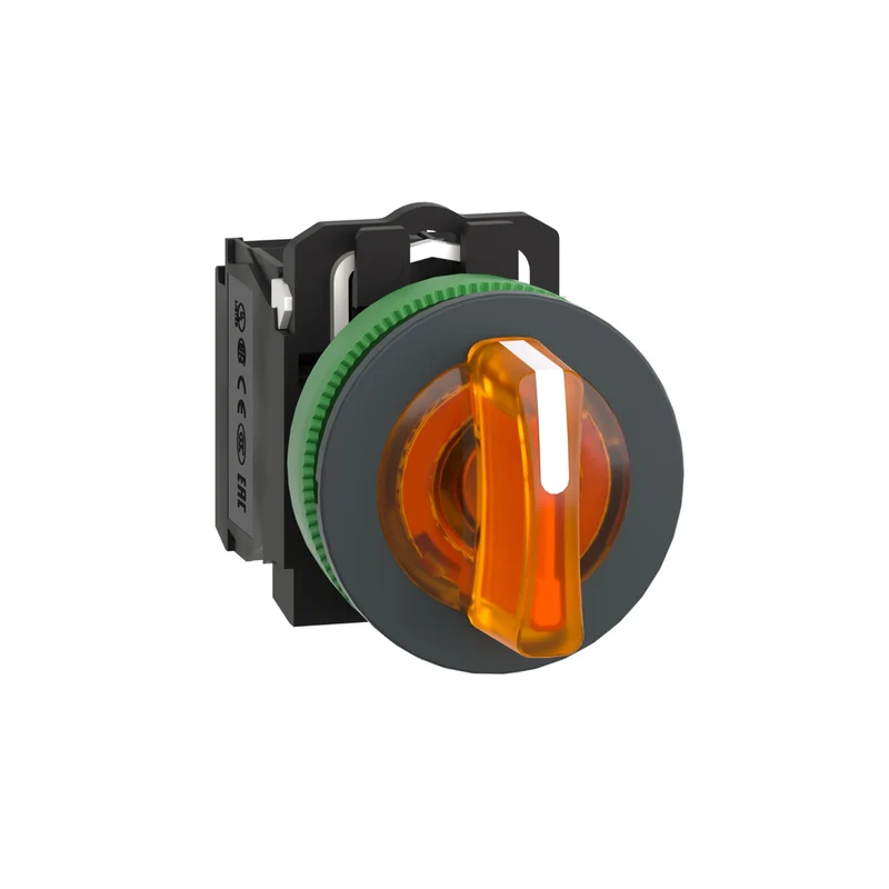 Illuminated Selector Switch, Harmony XB5, Grey Plastic, Orange Handle, 30mm, Universal LED, 3 Positions, 1NO + 1NC, 110...120V AC