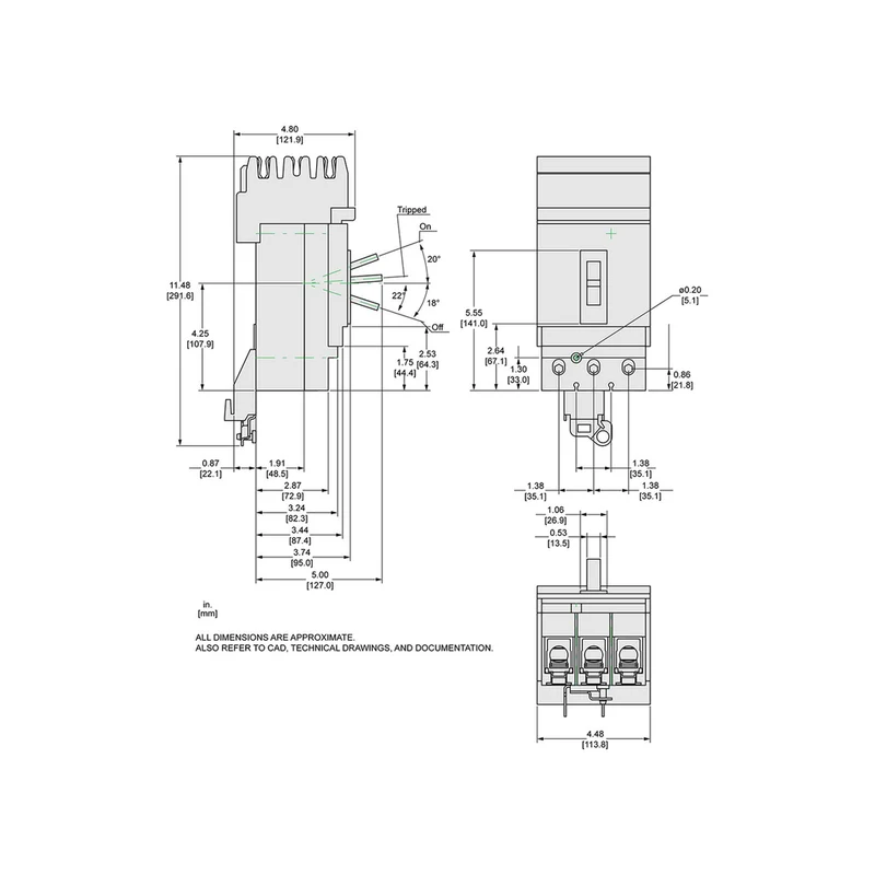 Circuit Breaker, PowerPacT J, 225A, 3 Pole, 600VAC, 18kA, I-Line, Thermal Magnetic, 80%, ABC, Padlock