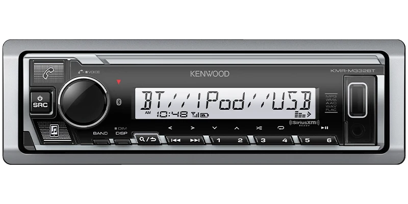 Kenwood KMR-M332BT - Récepteur multimédia numérique marin avec Bluetooth, éclairage de couleur variable, égaliseur 13 bandes et DTA, Entrée USB et AUX en façade 3 pré-sorties 4.0V