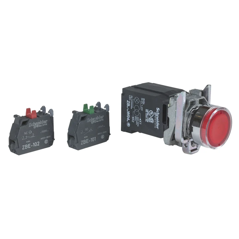 Illuminated Push Button, Harmony XB4, Red, Flush, 22mm, Spring Return, 1NO+1NC, 110...120 V
