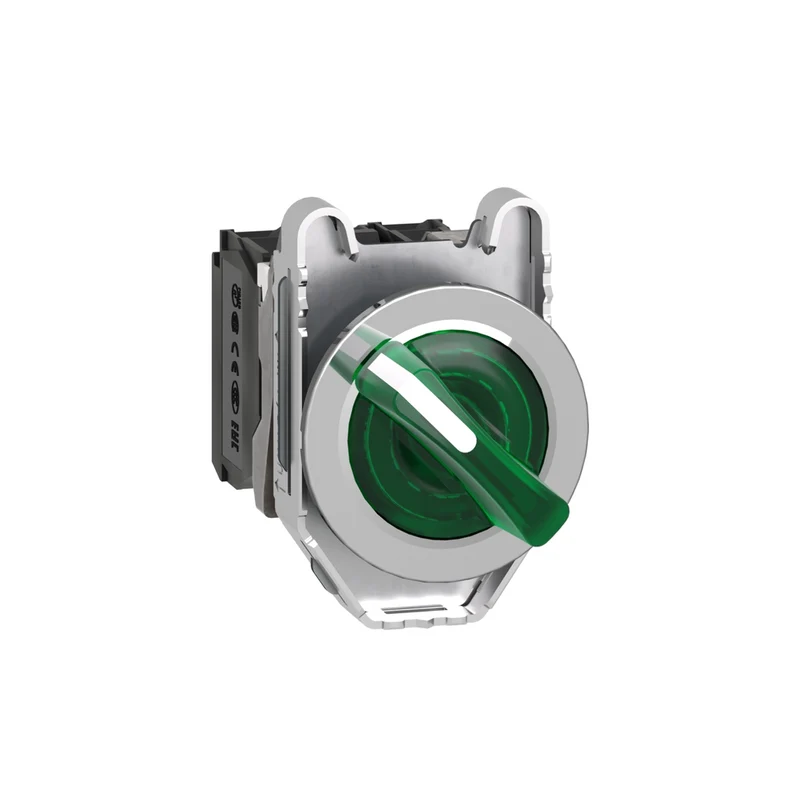 Illuminated Selector Switch, Harmony XB4, Metal, Green Handle, 30mm, Universal LED, 2 Positions, 1NO + 1NC, 24V AC DC