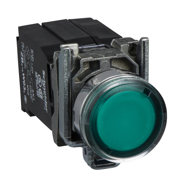 Illuminated Push Button, Harmony XB4, Green Flush, 22mm, Spring Return, 1NO + 1NC, 220...240V
