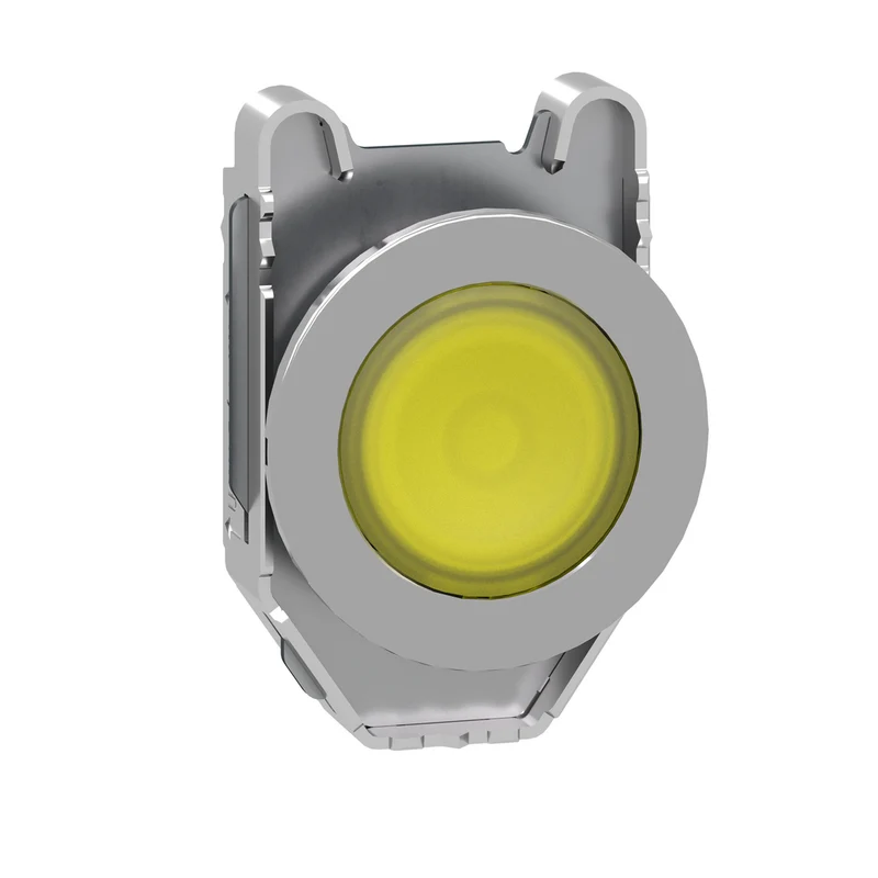 Head For Illuminated Push Button, Harmony XB4, Metal, Yellow Flush, 30mm, Universal LED, Stay Put, Plain Lens, Unmarked