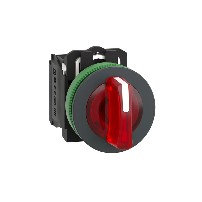 Illuminated Selector Switch, Harmony XB5, Grey Plastic, Red Handle, 30mm, Universal LED, 3 Positions, 1NO + 1NC, 230...240V AC