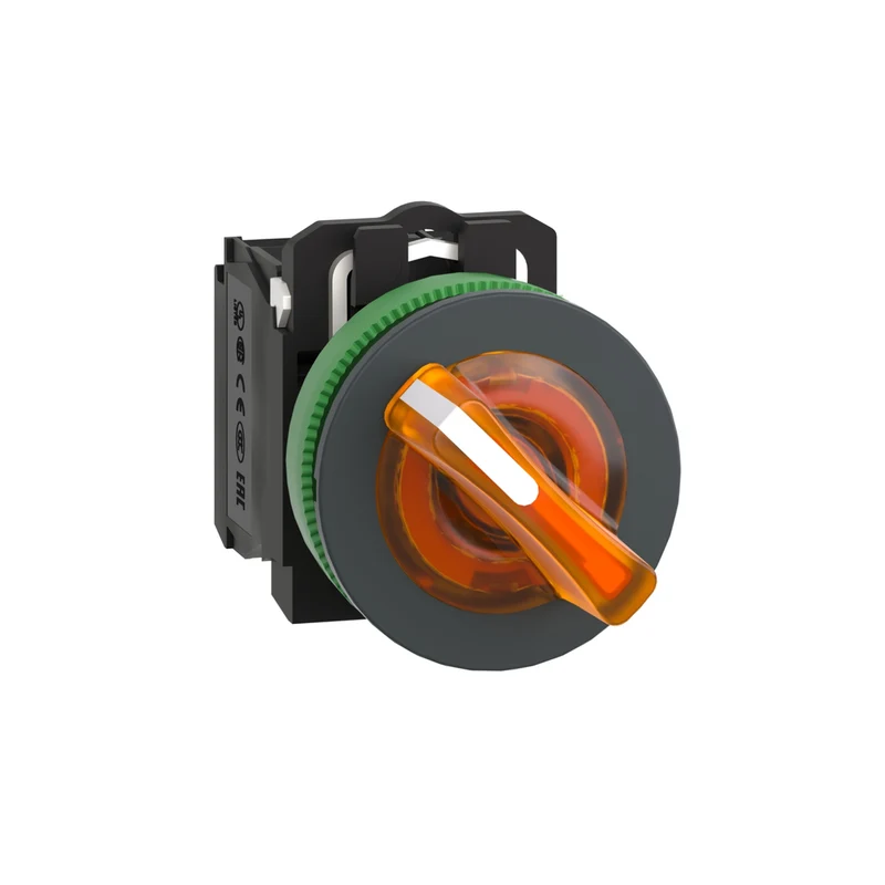 Illuminated Selector Switch, Harmony XB5, Grey Plastic, Orange Handle, 30mm, Universal LED, 2 Positions, 1NO + 1NC, 230...240V AC