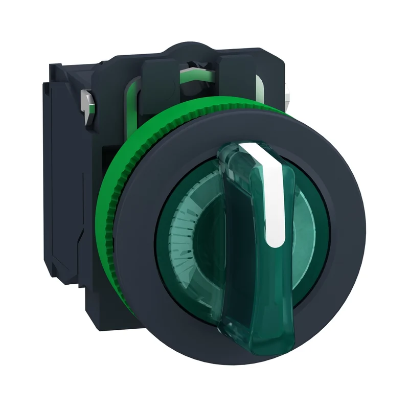 Illuminated Selector Switch, Harmony XB5, Grey Plastic, Green Handle, 30mm, Universal LED, 3 Positions, 1NO + 1NC, 230...240V AC