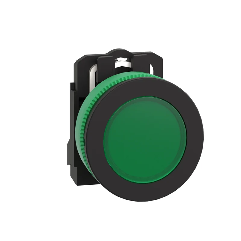 Pilot Light, Harmony XB5, Grey Plastic, Green Flush Mounted, 30mm, Universal LED, Plain Lens, 24V AC DC