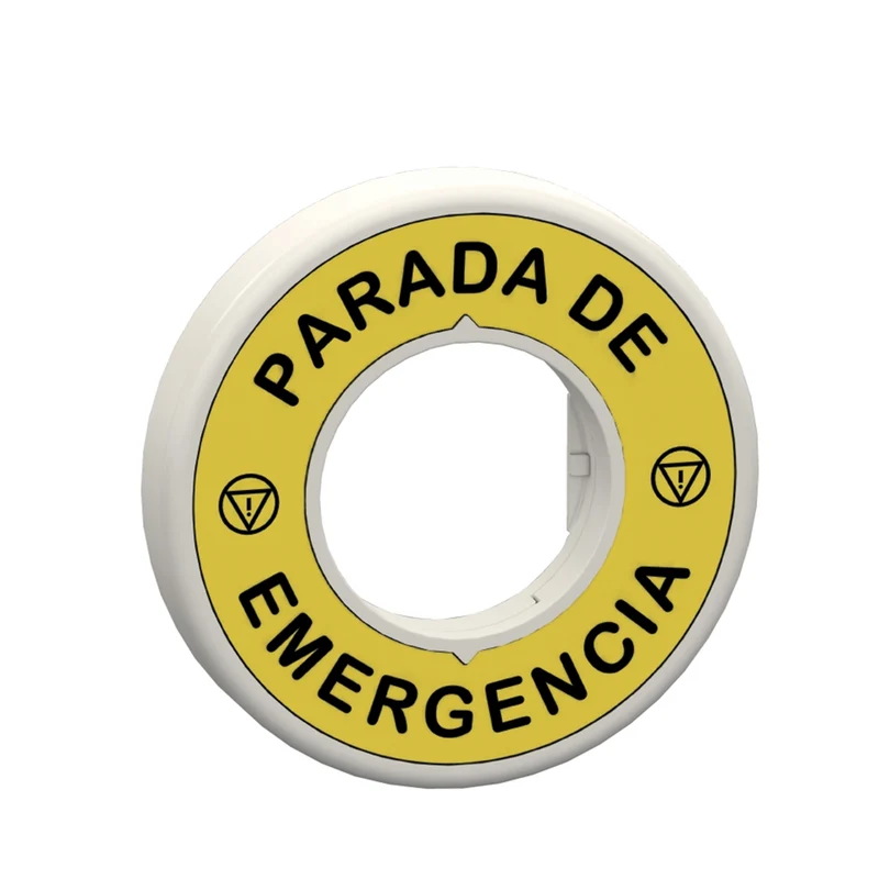 Illuminated Marked Legend Ring, Harmony XB5, 60mm, Plastic, Yellow, White Or Red Integral LED, Marked PARADA DE EMERGENCIA, 24V AC DC