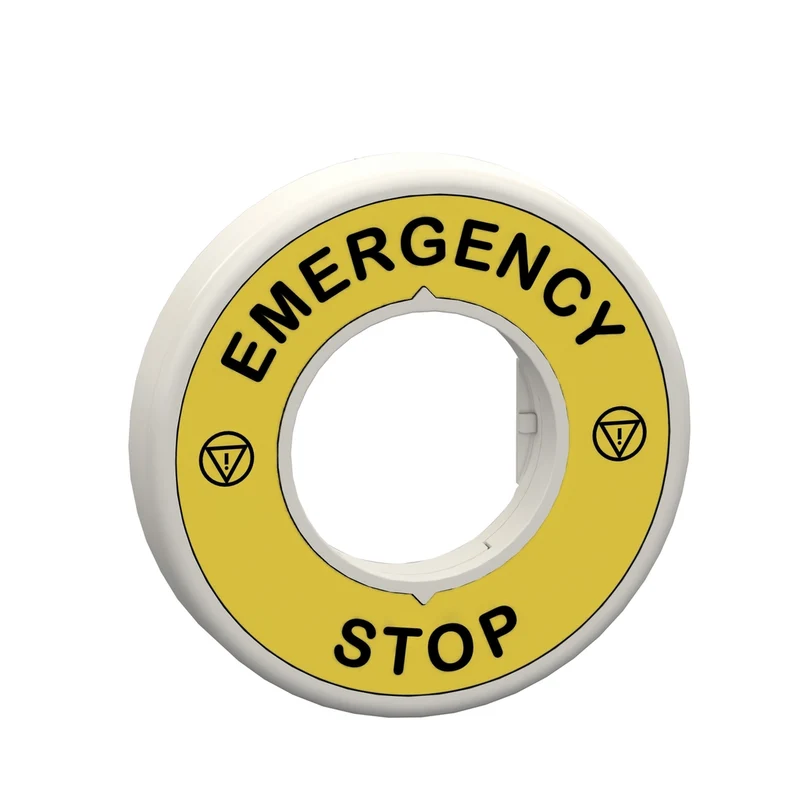 Illuminated Marked Legend Ring, Harmony XB5, 60mm, Plastic, Yellow, Red Fixed Integral LED, Marked EMERGENCY STOP, 110...120V AC