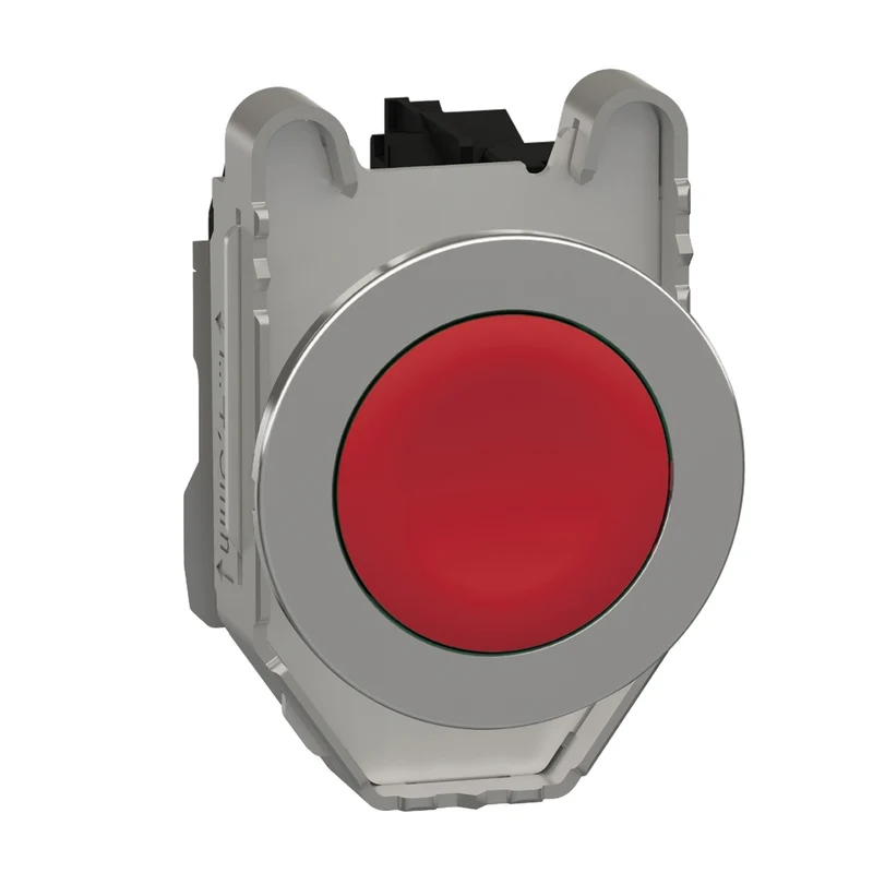 Push Button Flush Mounted, Harmony XB4, Metal, Red, 30mm, Spring Return, Unmarked, 1NC