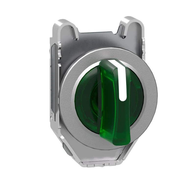 Head For Illuminated Selector Switch, Harmony XB4, Metal, Green Handle, Flush Mounted, 30mm, Universal LED, 3 Positions