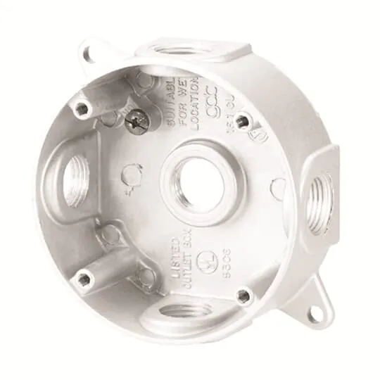 BOX ROUND ALUMINUM 4-1/8"X1-5/8" 5-HOLE 1/2" WHITE