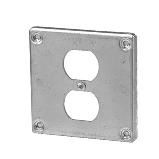 COVER METAL SQUARE 4" 3/8" RAISED FOR 1-DUPLEX RECEPTACLE