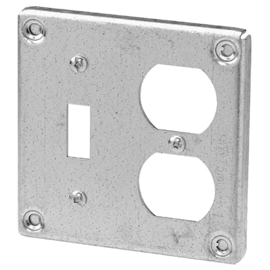 COVER METAL SQUARE 4" 3/8" RAISED 1-DUPLEX RECEP/1-SWITCH