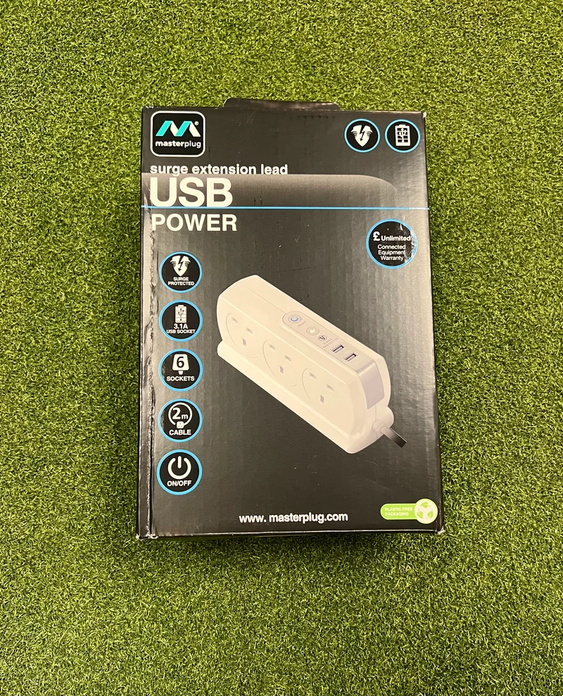 6-Way Compact Surge Extension Lead in White, 2m Straight Cable