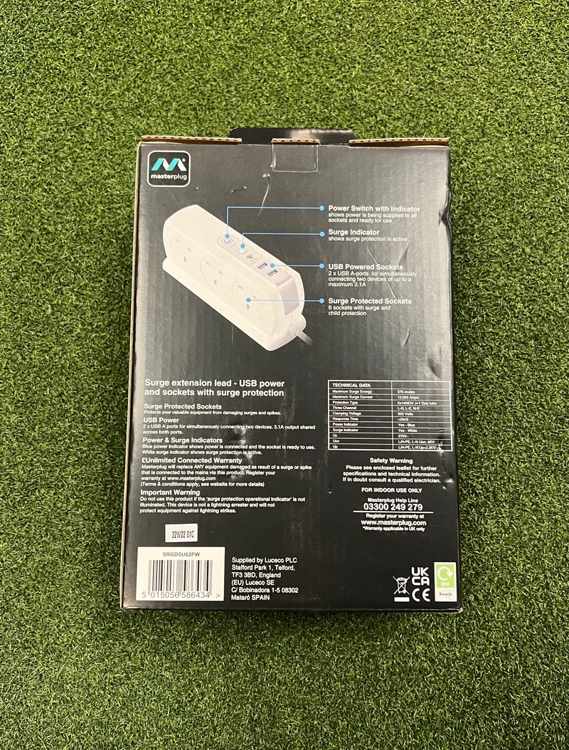 6-Way Compact Surge Extension Lead in White, 2m Straight Cable