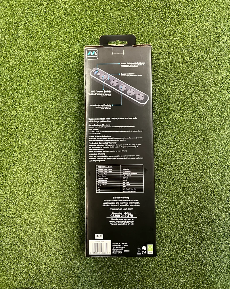 Black High Gloss, 4-Gang (and 2 USB Ports) 2m Extension Lead